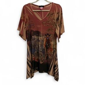 Cover Charge Western Cowgirl Desert Graphic Short Sleeve Mini Dress